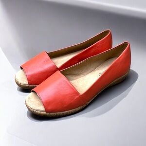 Michelle D Ellena Leather Low Wedge Open Toe Shoe in Coral Size 6 1/2